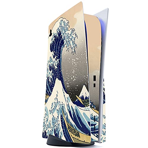 PlayVital for PS5 Skin Disc Edition, Full Protective Vinyl Sticker Decal for PS5 Disk Console, Controller, Dock, Headset & Remote - No Residue, Scratch-Resistant, Great Wave Dual Side - color: Great Wave Dual Side