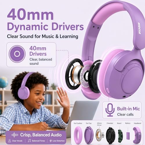 MIDOLA Kids Bluetooth Headphones Wireless,ANC,68H,Safe Volume Limit 85/94dB | Active Noise Cancelling,Adjustable Headband Foldable Over-Ear for Toddler Girls Boys Tablet/iPad,HD Stereo,Built Mic,Purple - color: Lavender Purple