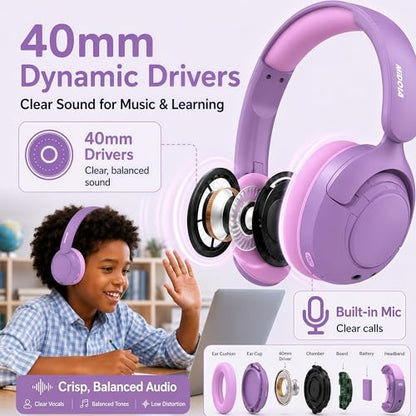 MIDOLA Kids Bluetooth Headphones Wireless,ANC,68H,Safe Volume Limit 85/94dB | Active Noise Cancelling,Adjustable Headband Foldable Over-Ear for Toddler Girls Boys Tablet/iPad,HD Stereo,Built Mic,Purple - color: Lavender Purple