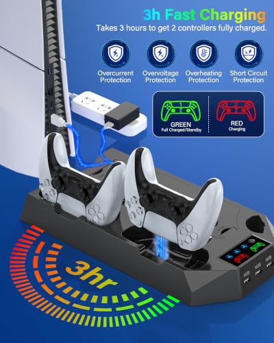 PS5/PS5 Slim/PS5 Pro Stand and Cooling Station with Dual Controller Charging Station for PlayStation 5 Console, PS5 Accessories Incl. Controller Charger, Cooling Fan, Headset Holder, 3 USB Hub, Black - color: Black