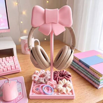 Wesiti Pink Bow Headphone Stand Cute Curved Headphone Holder with Storage Tray Pink Coquette Gaming Headset Holder for Desk Space Saving Organizer Desktop for Women All Headset Home Office Setup