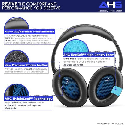 AHG Accessory House Global QC2 QC15 Ear Pads and QC2 QC15 Headband pad Cushion. Compatible with Bose QuietComfort 15 (QC15) and Bose QuietComfort 2 (QC2) Headphones. Easy DIY Fit/Extra Thick