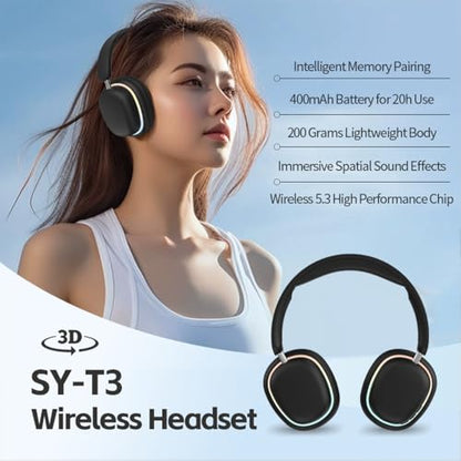 IHAO Luxury Wireless Over-Ear Bluetooth Headset with Active Noise Cancellation Detachable Extent Gaming Mic Foldable Rotatable Design Lightweight-SY-T3 Headset Black - color: SY-T3 Headset Black