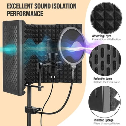 Microphone Isolation Shield, Foam Protection with Pop Filter, Tripod Stand, Foldable Design