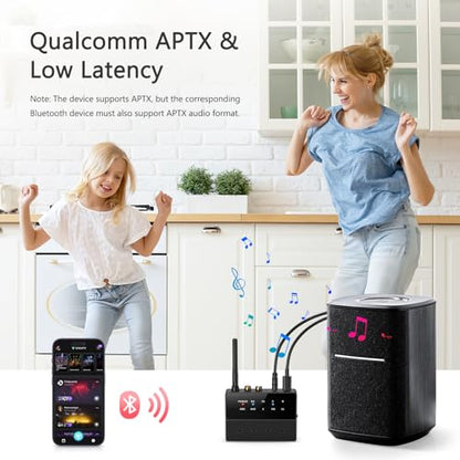 LOFICOPER Bluetooth 5.3 Transmitter Receiver, aptX Low Latency, Dual Pairs | 30m/98ft Range, 3.5mm AUX/RCA Cable, Easy to Operate, Clear Indicator Lights, Suitable for Speakers, Headphones, TVs