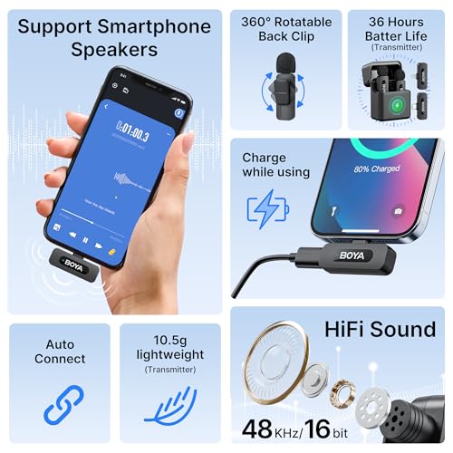 BOYA BY-V3 Combo Wireless Microphone for iPhone Android Smartphone,100M Los Range,36H Duration,Noise Cancellation,Plug&Play Lavalier Lapel Mics for Vlogging Interview 2-in-1 Charging Case(2TX+2RX) - style: BY-V3 Combo(2TX+2RX+CC)