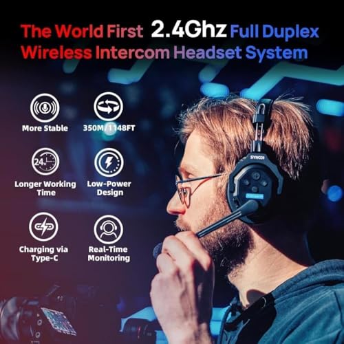 SYNCO XTalk X5 Wireless Headset with Microphone Intercom System 2.4GHz Full Duplex Communication Headset 400M with Noise Cancellation for Movie Shoot Live Show Stage Performance