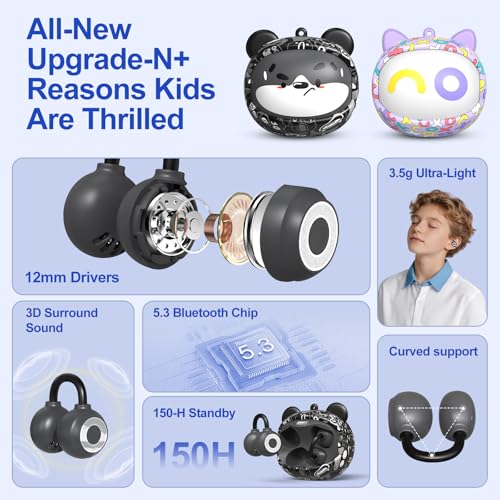 QearFun Kids Bear Ear Clip On Earbuds, Open Ear Earbuds with Rotatable Case - 85dB Safe Volume, 30H Playtime, Built-in Mic, Wireless Bluetooth Headphones for School Travel, Gift for Girls Boys - color: Black Earbuds