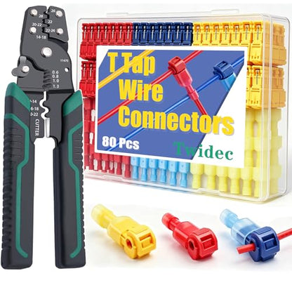 Twidec/Quick Splice Wire Terminals T-TAP Disconnect Self-Stripping 22-10 AWG with Nylon Fully Insulated Male Spade Electrical Terminals Kit for Automotive with Wire Crimper Tool - color: Multicoloured Nylon 80PCS+3-in-1 Crimper Tool