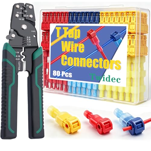 Twidec/Quick Splice Wire Terminals T-TAP Disconnect Self-Stripping 22-10 AWG with Nylon Fully Insulated Male Spade Electrical Terminals Kit for Automotive with Wire Crimper Tool - color: Multicoloured Nylon 80PCS+3-in-1 Crimper Tool