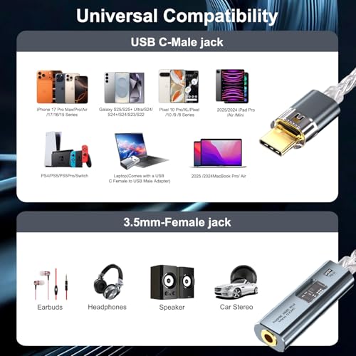 Vcddom USB C to 3.5mm Audio Adapter with Dual Chip CX31993 MAX97220 DAC & HiFi Headphone Amplifier, Type C to Amp Headphones Aux with USB-A Adapter for iPhone 17/16, Android, PC, Mac, iPad, PS5