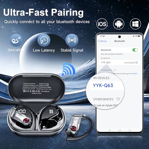 Bluetooth 6.1 Headphones True Wireless Earbuds 120hrs Playtime Wireless Charging Case, Digital Display Sports Ear Buds with Earhook Hi-Res Audio Clear Calls Earphones IPX7 Waterproof for Running Gym