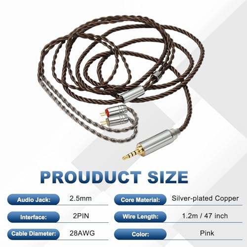 IEM Earphone Cable 1.2M Long, 28AWG 4-Cores High Purity HiFi in Ear Cable Silver-Plated Extension Wires for Replacement Ananda Arya HE400SE, Black Brown (2.5mm, 2PIN)