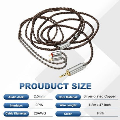 IEM Earphone Cable 1.2M Long, 28AWG 4-Cores High Purity HiFi in Ear Cable Silver-Plated Extension Wires for Replacement Ananda Arya HE400SE, Black Brown (2.5mm, 2PIN)