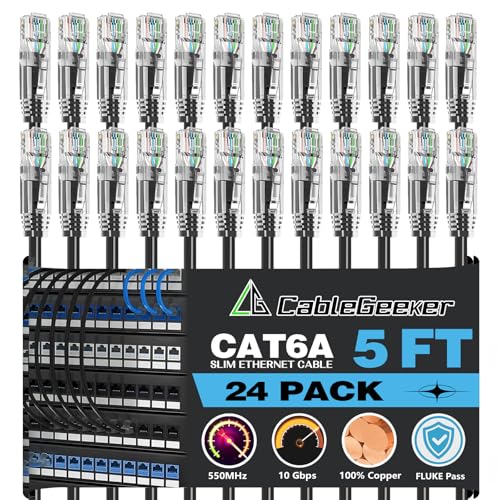 CableGeeker Cat 6A Slim Ethernet Patch Cables, 5 ft, 24-Pack, Black | 28AWG Pure Copper, 10Gbps/550MHz, Snagless Gold-Plated RJ45, Ultra-Thin Flexible Design for Switches, Patch Panels, and Racks - color: Black-Slim, size: 5ft, style: 24 Pack