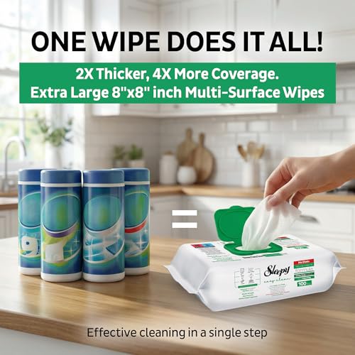 Sleepy Easy Clean XL Multi Surface Cleaning Wipes (100 Count) – Natural Vinegar & Baking Soda Formula – Jumbo 8"x8" All Purpose Wet Wipes for Kitchen, Bathroom, Glass & Electronics – No Streak - size: 1 Count (Pack of 100)