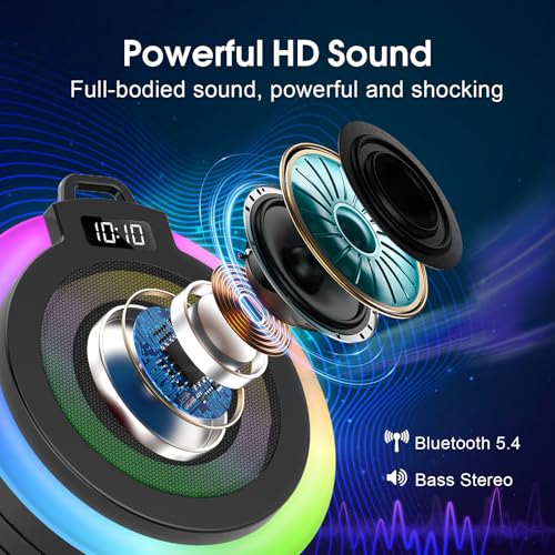 Bluetooth Shower Speaker Stereo Sound with Suction Cup, Built-in Mic | Portable Bluetooth Speaker with Lanyard, IPX7 Waterproof Wireless Speakers Bluetooth 5.4 for Bathroom/Party/Beach/Gift, Black