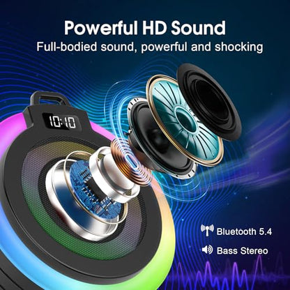 Bluetooth Shower Speaker Stereo Sound with Suction Cup, Built-in Mic | Portable Bluetooth Speaker with Lanyard, IPX7 Waterproof Wireless Speakers Bluetooth 5.4 for Bathroom/Party/Beach/Gift, Black