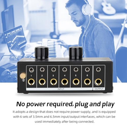 Audio Switcher -6-Way 3.5/6.35mm Stereo Audio Switch - Signal Source Switcher Selector Splitter Box with Line Controller, Black, 500735575