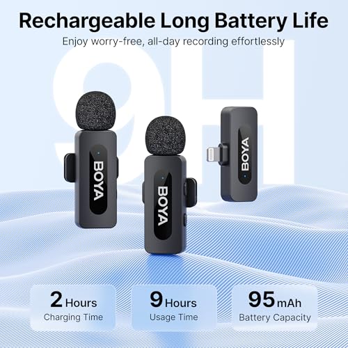 BOYA BY-V2 Wireless Microphones for iPhone iPad with MFi Certified Lightning Port, 328ft Range, 9H Battery Life, Noise Reduction Mini Mic Clip on Lapel Microphone Wireless for Video Recroding