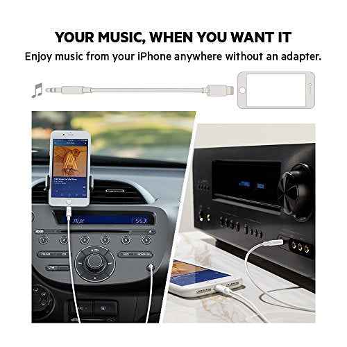 Belkin Lightning to 3.5mm Audio Cable, 6ft, White | Connects iPhone to wired headphones, speakers, or car stereo, MFi certified, aux input, travel-friendly - color: White, size: 6'