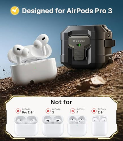 MOBOSI for AirPods Pro 3 Case 2025 with Drop-Proof Lock, Black | Cleaning Kit & Keychain, Compatible with MagSafe, Military-Grade Protection Hard Cover for iPods Pro 3rd Generation - color: Black