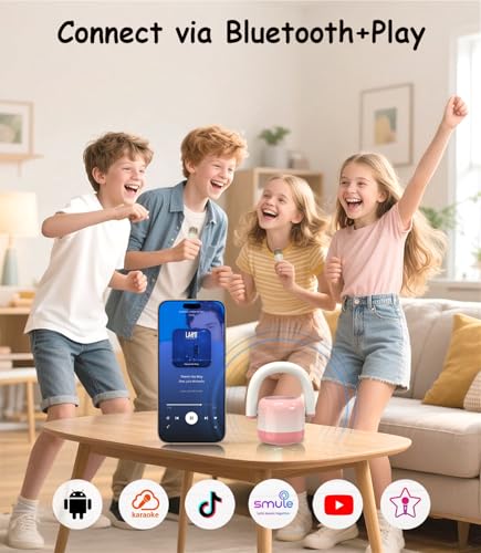 EWA Portable Mini Metal Karaoke Machine, Bluetooth Karaoke Speaker with 2 Wireless Microphones, Ideal Gifts for Girls Boys Family Home Party Birthday Christmas Toys Gifts-(Pink) - color: Pink