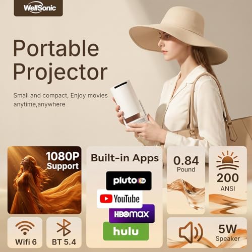 Mini Projector with Wi-Fi and Bluetooth, 1080P Portable Projector with 5W Speaker, Auto Vertical Keystone & 180° Rotatable, 200 ANSI Movie Projector for Outdoor Bedroom