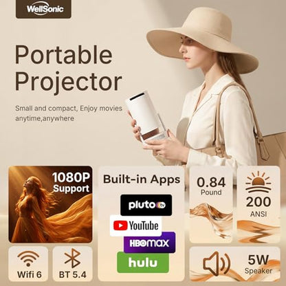 Mini Projector with Wi-Fi and Bluetooth, 1080P Portable Projector with 5W Speaker, Auto Vertical Keystone & 180° Rotatable, 200 ANSI Movie Projector for Outdoor Bedroom