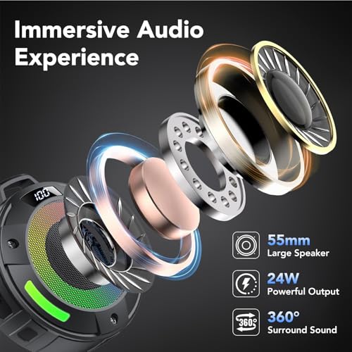 Bluetooth Speaker, 2025 Portable Wireless Shower Speaker, Digital Display Portable Speaker with Detachable hook ,IPX7 Waterproof with LED Light, HD Sound & Bass for Bathroom, Pool, Beach & Outdoor