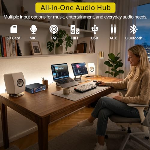 PROZOR 800W Bluetooth 5.0 Stereo Audio Amplifier, 2 Channel Home Audio Receiver with FM Radio, USB, SD/TF Card, AUX, Dual Mic Inputs, HiFi Power Amplifier for Passive Speakers, Home Theater, Car Audio