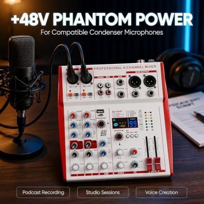 MW4 Professional 4 Channel Audio Mixer | 99 DSP Effects, +48V Phantom Power, USB Sound Console for Live Streaming, Karaoke, Studio Podcast