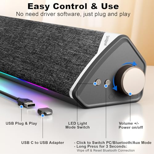 SOULION USB-Powered Wired Bluetooth Computer Speakers for PC Desktop | USB Plug & Play, 5 Dynamic RGB LED Lights Modes, for Desktop, Laptop, Office, Work, Music & Gaming - color: Black