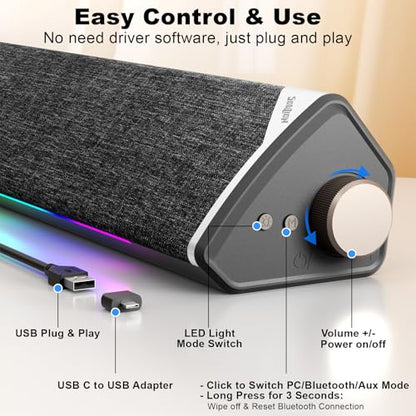 SOULION USB-Powered Wired Bluetooth Computer Speakers for PC Desktop | USB Plug & Play, 5 Dynamic RGB LED Lights Modes, for Desktop, Laptop, Office, Work, Music & Gaming - color: Black