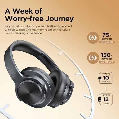 Hybrid Active Noise Cancelling Headphones 130H Wireless Over Ear Headphones | Bluetooth, Hi-Res Sound, Deep Bass, Spatial Audio, Dual Connection, Custom EQ via App, Comfortable Fit for Travel Home Office - color: Black