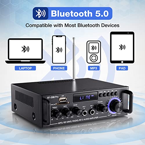 Facmogu BT-298 프로 홈 오디오 앰프, 블루투스 5.0 수신기 홈 스테레오 수신기, 최대 400Wx2 RMS 50Wx2 HiFi 사운드 오디오 시스템 무선 파워 앰프, 마이크 입력, 에코, 베이스 및 트레블 포함, USB/RCA/FM 포함 - style: 최대 400Wx2