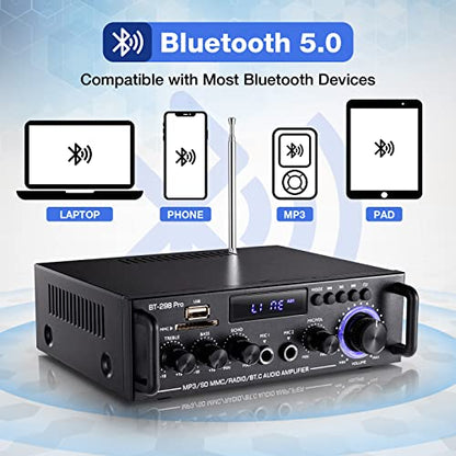 Facmogu BT-298 프로 홈 오디오 앰프, 블루투스 5.0 수신기 홈 스테레오 수신기, 최대 400Wx2 RMS 50Wx2 HiFi 사운드 오디오 시스템 무선 파워 앰프, 마이크 입력, 에코, 베이스 및 트레블 포함, USB/RCA/FM 포함 - style: 최대 400Wx2