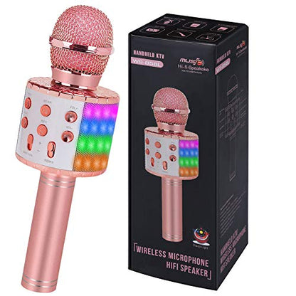 Bluetooth Karaoke Microphone Wireless: Karaoke Mic with Led Lights for Adults Kids Singing - Perfect Toys for Girls Birthday Gifts - color: 02-Champagne With Light