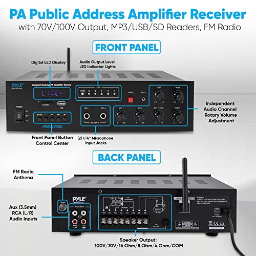 Pyle Public Address Amplifier - 500W Compact Digital Receiver w/ 70V 100V Output, Dual Mic Input, USB-A Input w/ MP3 Player, FM Radio, RCA | Home, Continuous Volume and Commercial | PMSA126BU - style: Wireless Amplifier
