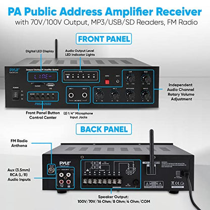 Pyle Public Address Amplifier - 500W Compact Digital Receiver w/ 70V 100V Output, Dual Mic Input, USB-A Input w/ MP3 Player, FM Radio, RCA | Home, Continuous Volume and Commercial | PMSA126BU - style: Wireless Amplifier