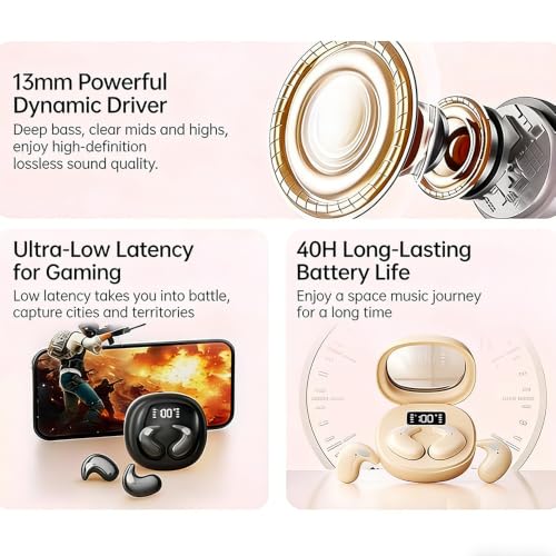 Open Ear Sleep Wireless Earbuds Bluetooth 5.4,13mm Dynamic Driver Low Latency Gaming Headphones,40H Playback LED Digital Charging Case for Side Sleeper Travel Insomnia,3 Colors White - color: White
