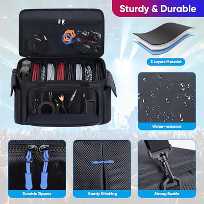 Large DJ Cable File Bag with Multi-Compartment & Pocket for Music Equipment | Large Capacity with 8 Detachable Dividers, Soft Thick Padded, Multi-pocket, Adjustable Shoulder Strap and Carry Handle