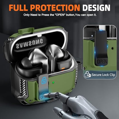 Safety Lock Case for Samsung Galaxy Buds3 FE/Pro/3 (Dark Green) | Compatible with MagSafe, with Phone Stand& Cleaning kit,Keychain, - color: Dark green