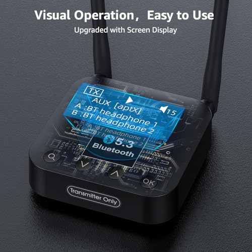 1Mii B06TX+ Long Range Bluetooth 5.3 Transmitter for TV/PC/Projector to 2 Wireless Headphones/Speakers, Bluetooth Adapter for TV w/Screen Display, Plug n Play, aptX Low Latency & Adaptive & HD Audio - color: black
