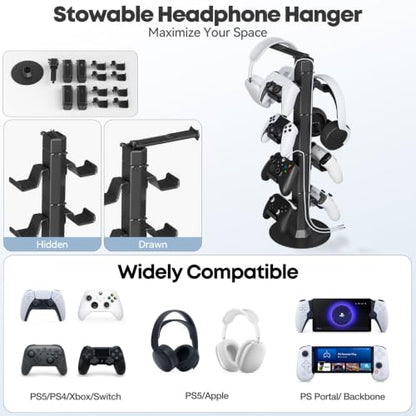 Controller & Headset Holder Stand for Desk, with Charger Cable Organizer Headphone Stand for PS5/ Xbox/ PS4/ Switch, Metal Base Controller Hanger Hook for Storage Earphones, Game Console, Mobile Phone - size: 4 Tiers