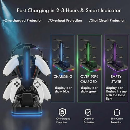 PS5 Controller Charger with Headphone Stand, RGB PS5 Controller Charging Station Dock with 3 USB Ports, Headset and Controllers Holder Stand for PlayStation 5 & DualSense Edge Controllers - size: Charger with Holder for PS5