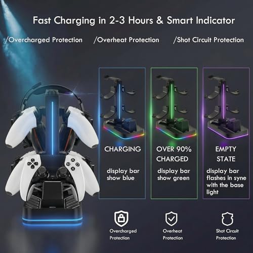 PS5 Controller Charger with Headphone Stand, RGB PS5 Controller Charging Station Dock with 3 USB Ports, Headset and Controllers Holder Stand for PlayStation 5 & DualSense Edge Controllers - size: Charger with Holder for PS5