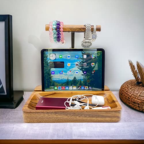 Dual Headphone Stand, Acacia Wood Holder for 2 Headsets, Phone & Tablet | Solid 1.5 in thick acacia wood dual headphone holder & device slot stand with tray for phone & tablet, office desk organizer - style: Dual Headphone Stand