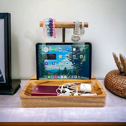 Dual Headphone Stand, Acacia Wood Holder for 2 Headsets, Phone & Tablet | Solid 1.5 in thick acacia wood dual headphone holder & device slot stand with tray for phone & tablet, office desk organizer - style: Dual Headphone Stand