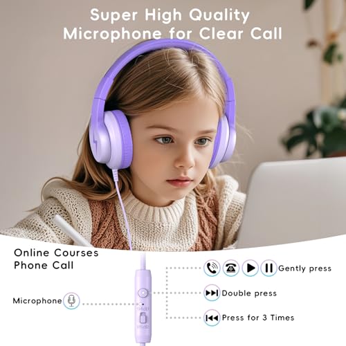 Candy Bila Wired Kids Headphones for School, Over-Ear for Boys Girls | Volume Limiter 85/94dB, HD Stereo Sound, Microphone and Wired Control, Foldable Design, Gradient Deep Purple - color: Gradient Deep Purple